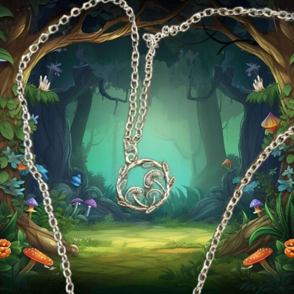 Silver Plated Circle Mushrooms Necklace Fantasy Mushroom - Picture 4 of 9